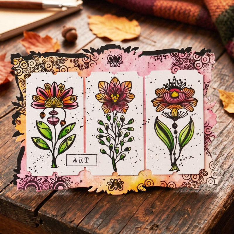 AALL & Create Fleurs Elegantes A6 Clear Stamp Set 1530 green pattern leaves pink and orange lined petals circles art card