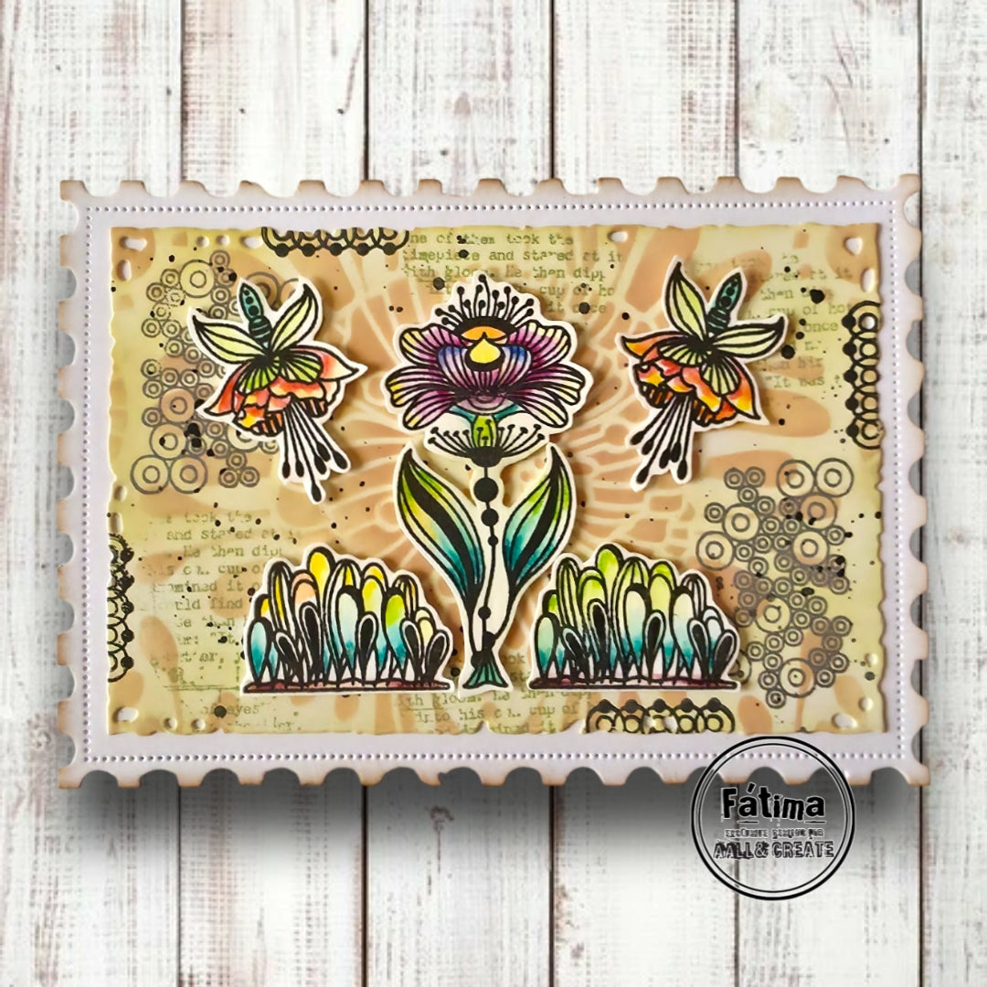 AALL & Create Fleurs Elegantes A6 Clear Stamp Set 1530 orange petals green lined leaves purple flower multi circles card
