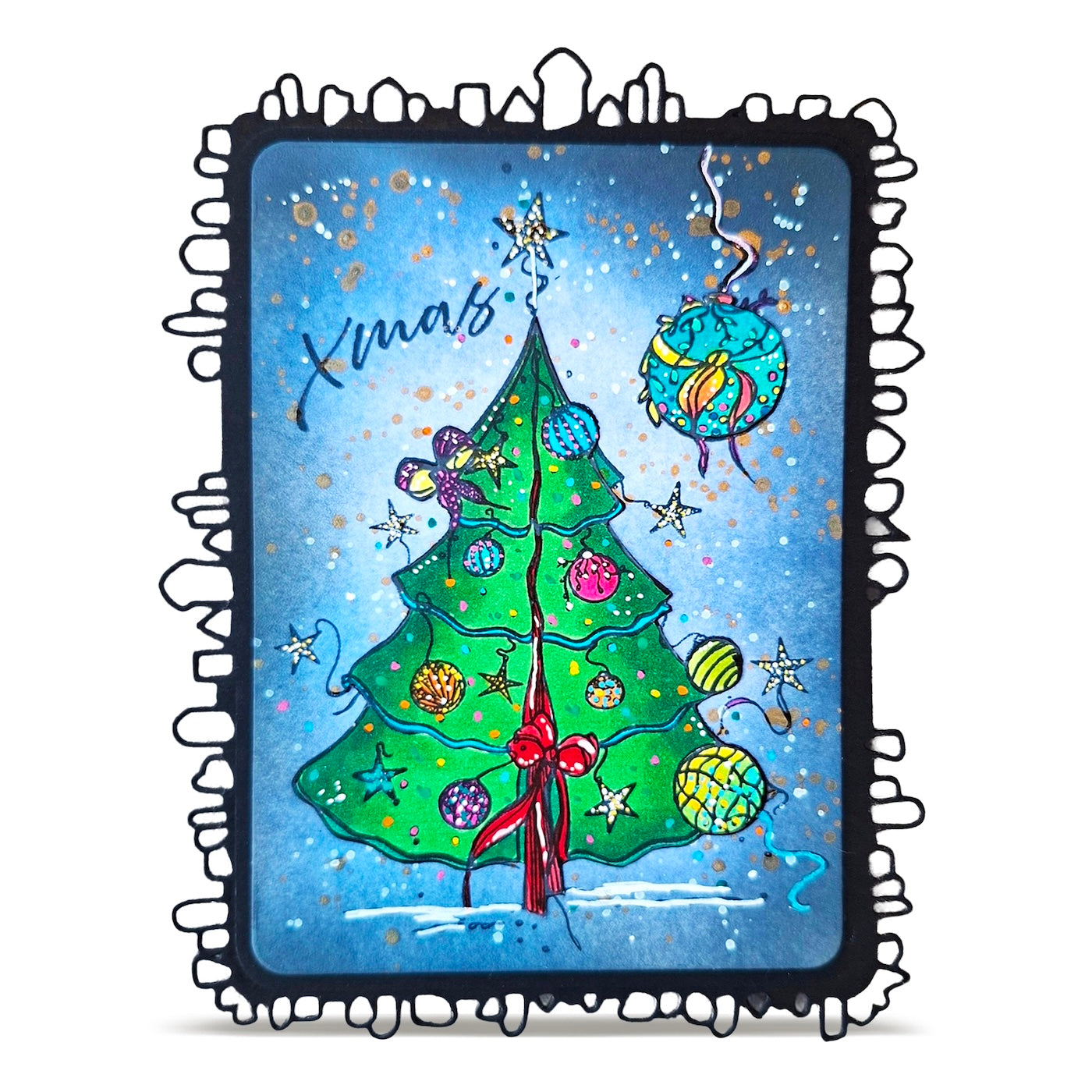 AALL & Create Floating Fir A6 Clear Stamp Set 1471 christmas tree with red bow blue background xmas card