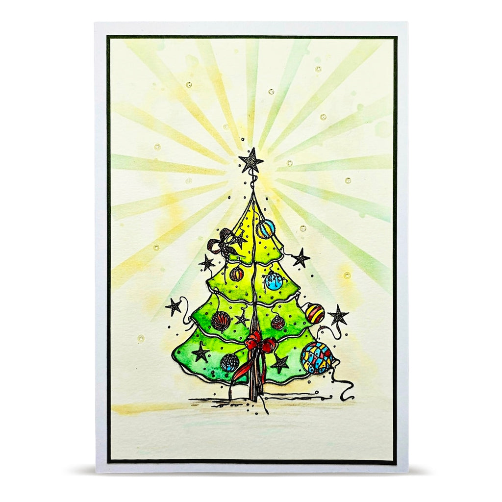AALL & Create Floating Fir A6 Clear Stamp Set 1471 sun rays on tree red bow card