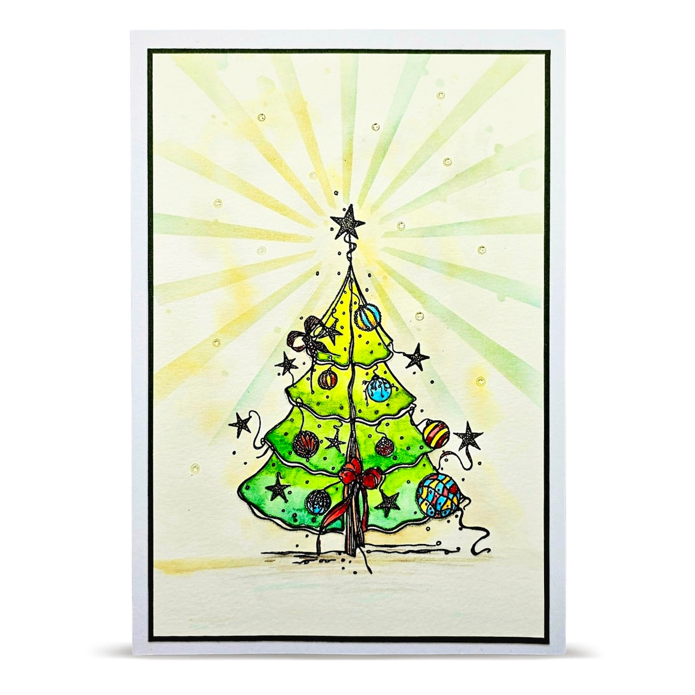 AALL & Create Floating Fir A6 Clear Stamp Set 1471 sun rays on tree red bow card