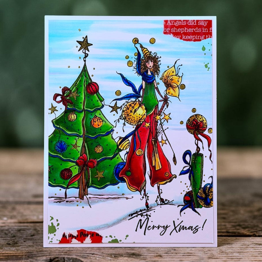 AALL & Create Floating Fir A6 Clear Stamp Set 1471 woman walking in snow sky colored ornaments card