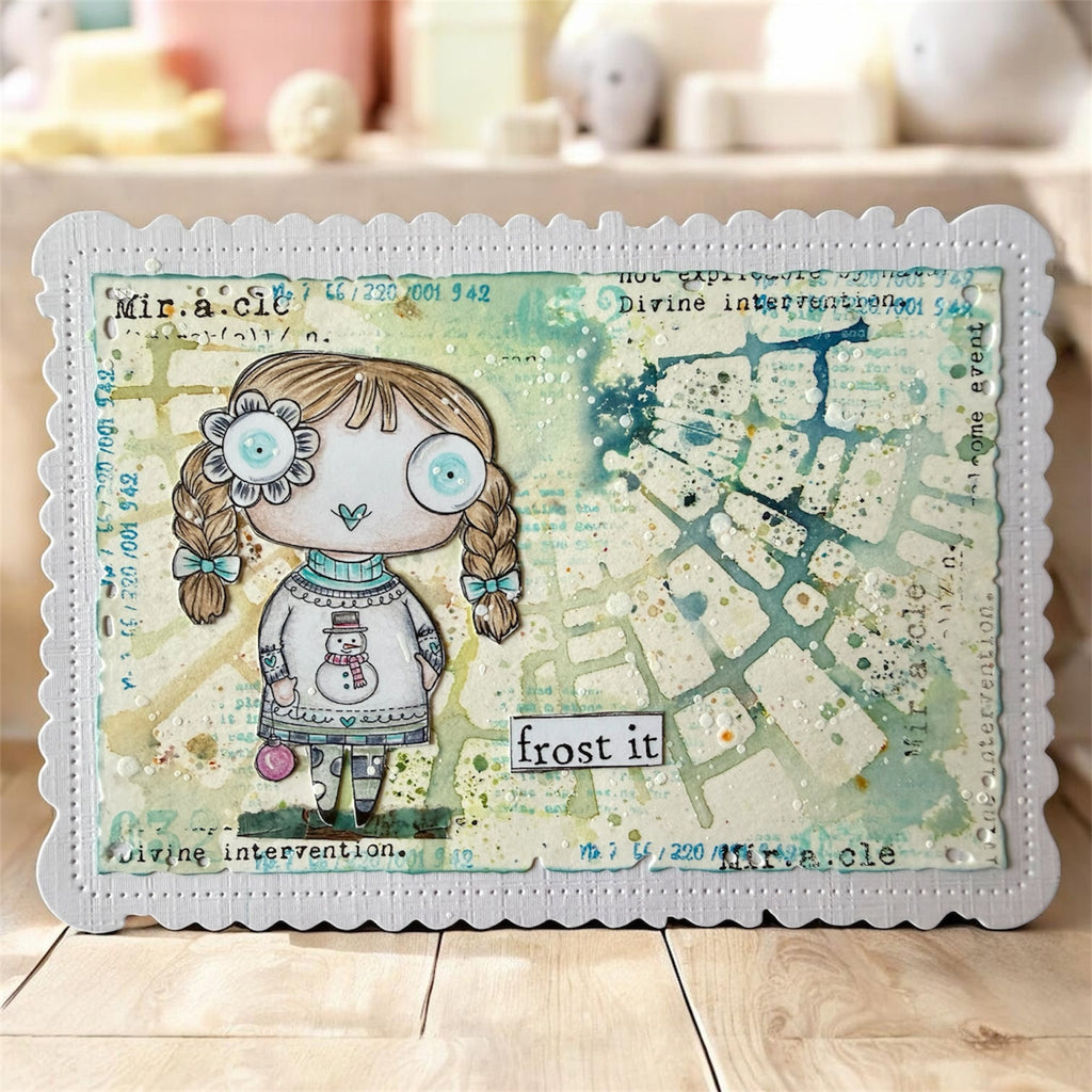 AALL & Create Frost It A7 Clear Stamp Set 1384 girl with snowman sweater frost it card