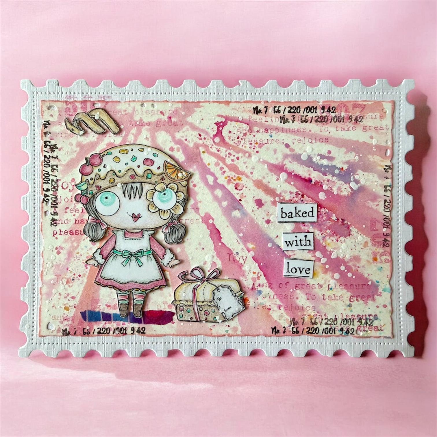 AALL & Create Fruitcake A7 Clear Stamp Set 1385 little girl wearing apron backed with love card