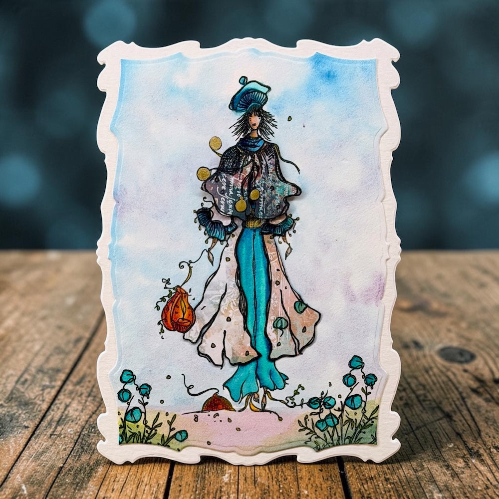 AALL & Create Gentle Waves Dies die-128 blue hat blue flower petals white border card