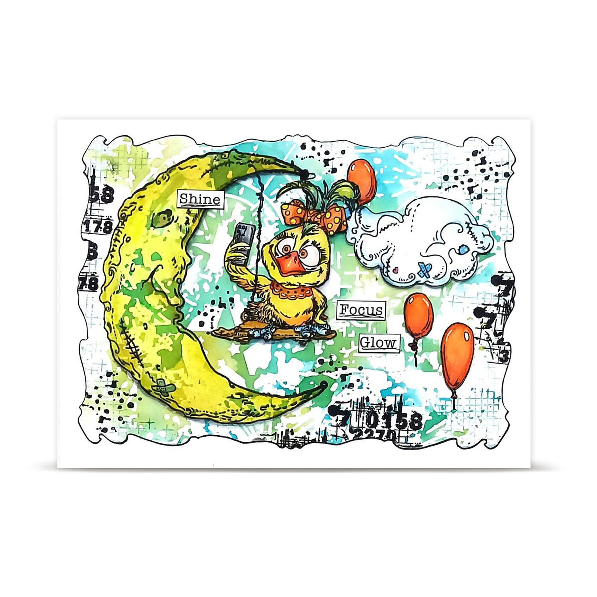 AALL & Create Graphic Matter A6 Clear Stamp Set 1532 crescent moon yellow bird with phone balloons shine glow card