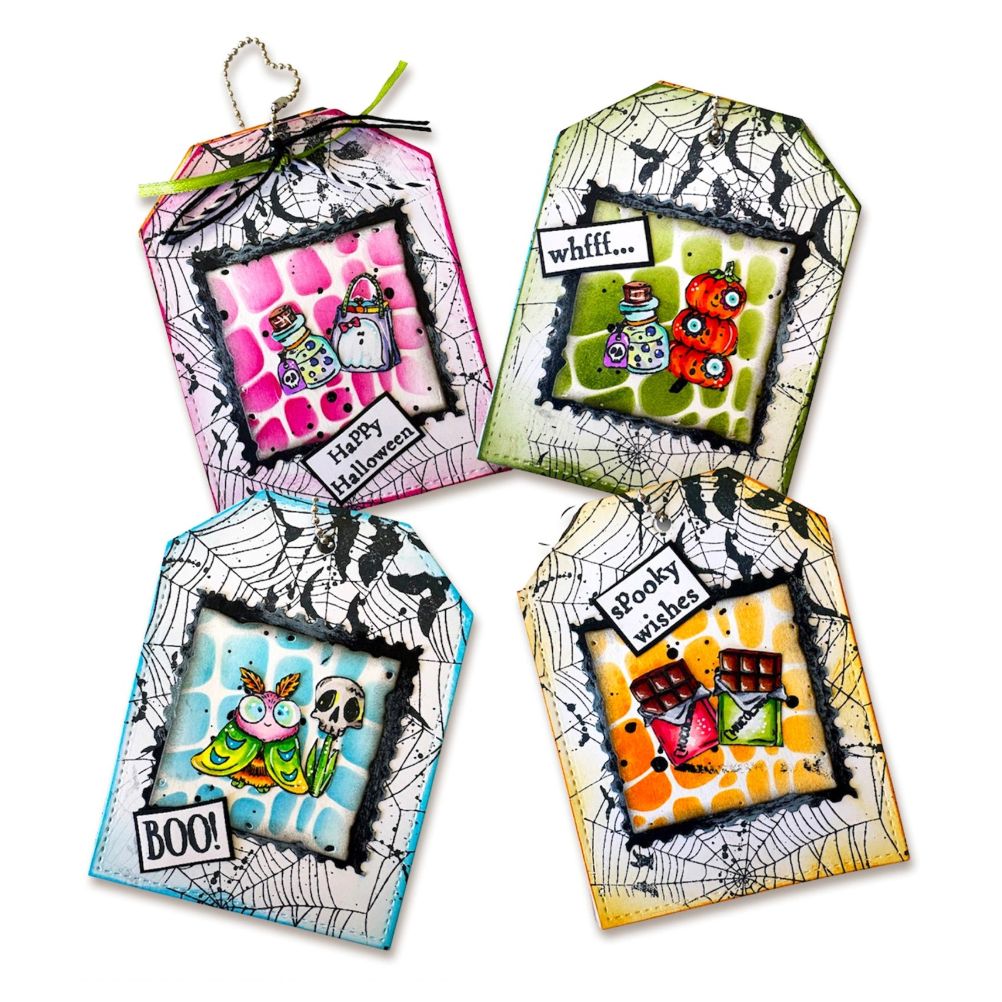 AALL & Create Halloween Bits A7 Clear Stamp Set 1422 chocolate bars potion spider web tag cards