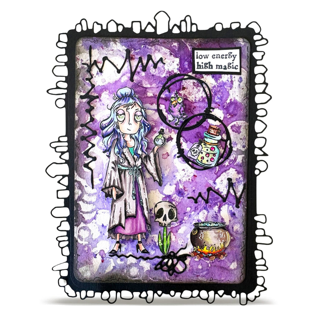 AALL & Create Halloween Bits A7 Clear Stamp Set 1422 woman in robe potion low energy card