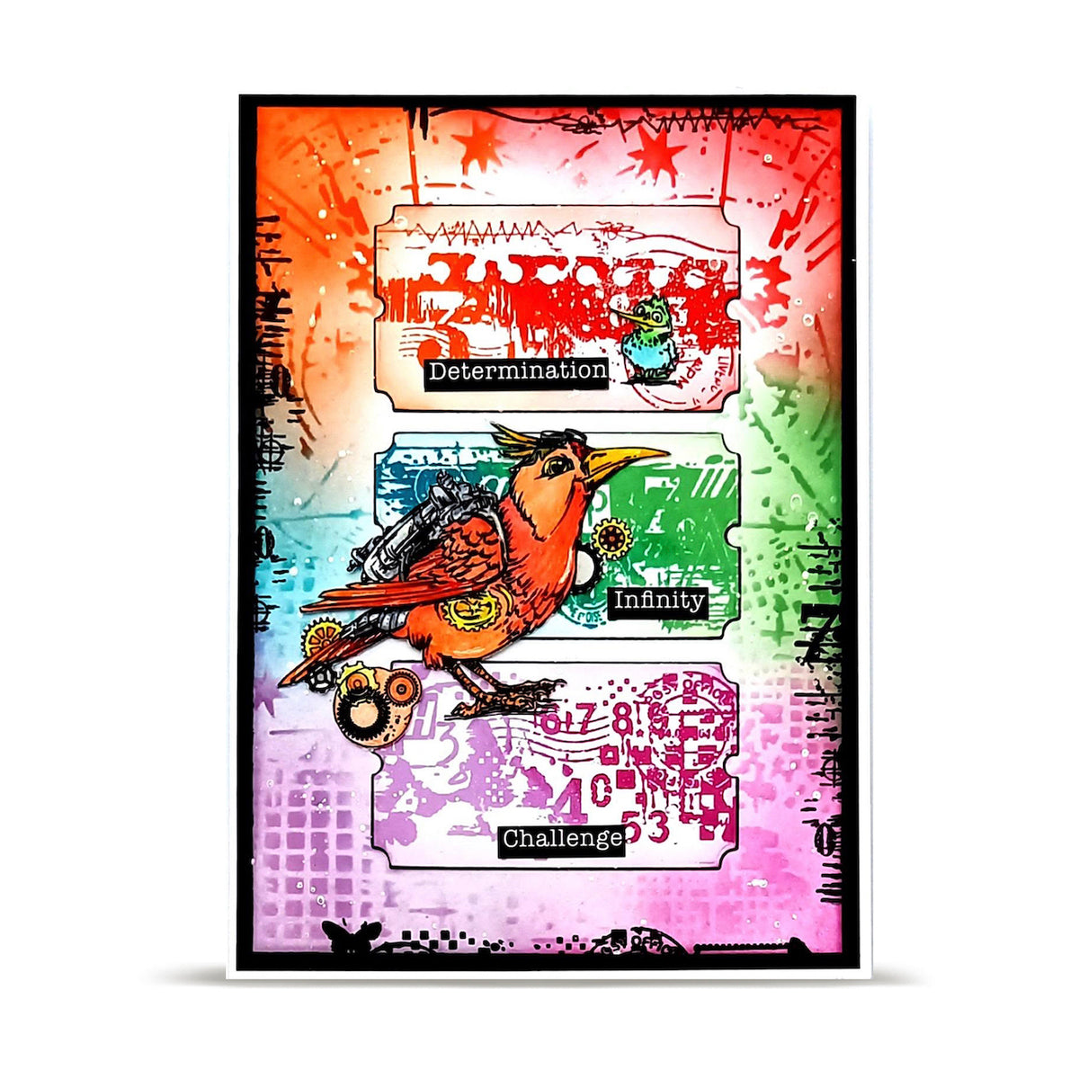 AALL & Create Hidden Coordinates A6 Clear Stamp Set 1534 orange bird green bird gears numbers determination card