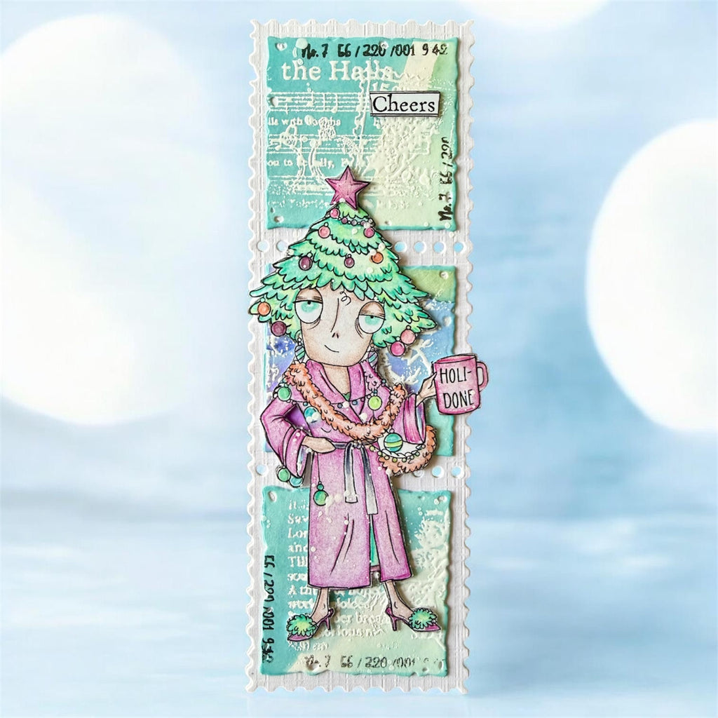 AALL & Create Holi-Done Dee A7 Clear Stamp Set 1386 woman wearing tree hat robe cheers card