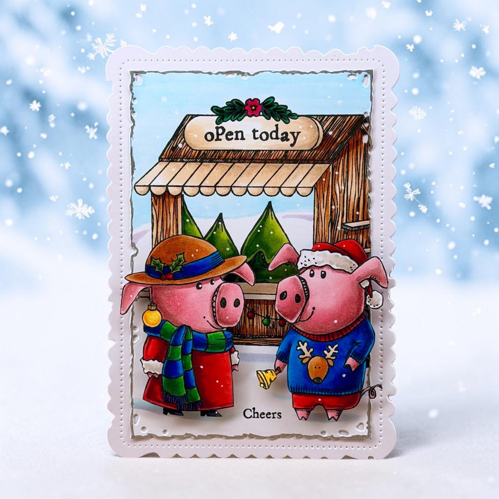 AALL & Create Holiday Pigs A7 Clear Stamp Set 1387 green and blue scarf santa hat sweater card