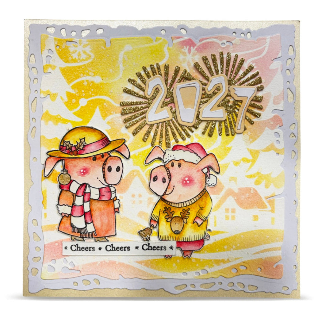 AALL & Create Holiday Pigs A7 Clear Stamp Set 1387 pigs with hats stripped scarf cheers card