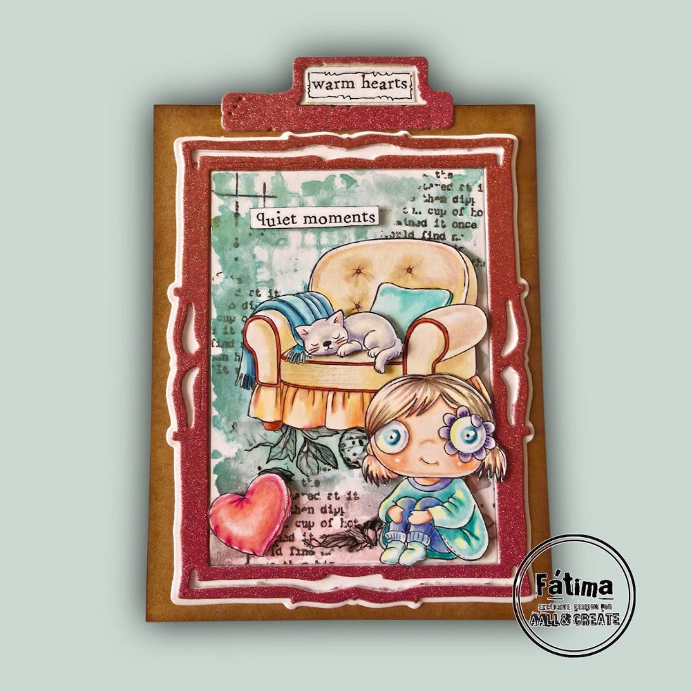 AALL & Create Home Moments A7 Clear Stamp Set 1511 cat on sofa chair red heart blue sweater quiet moments card