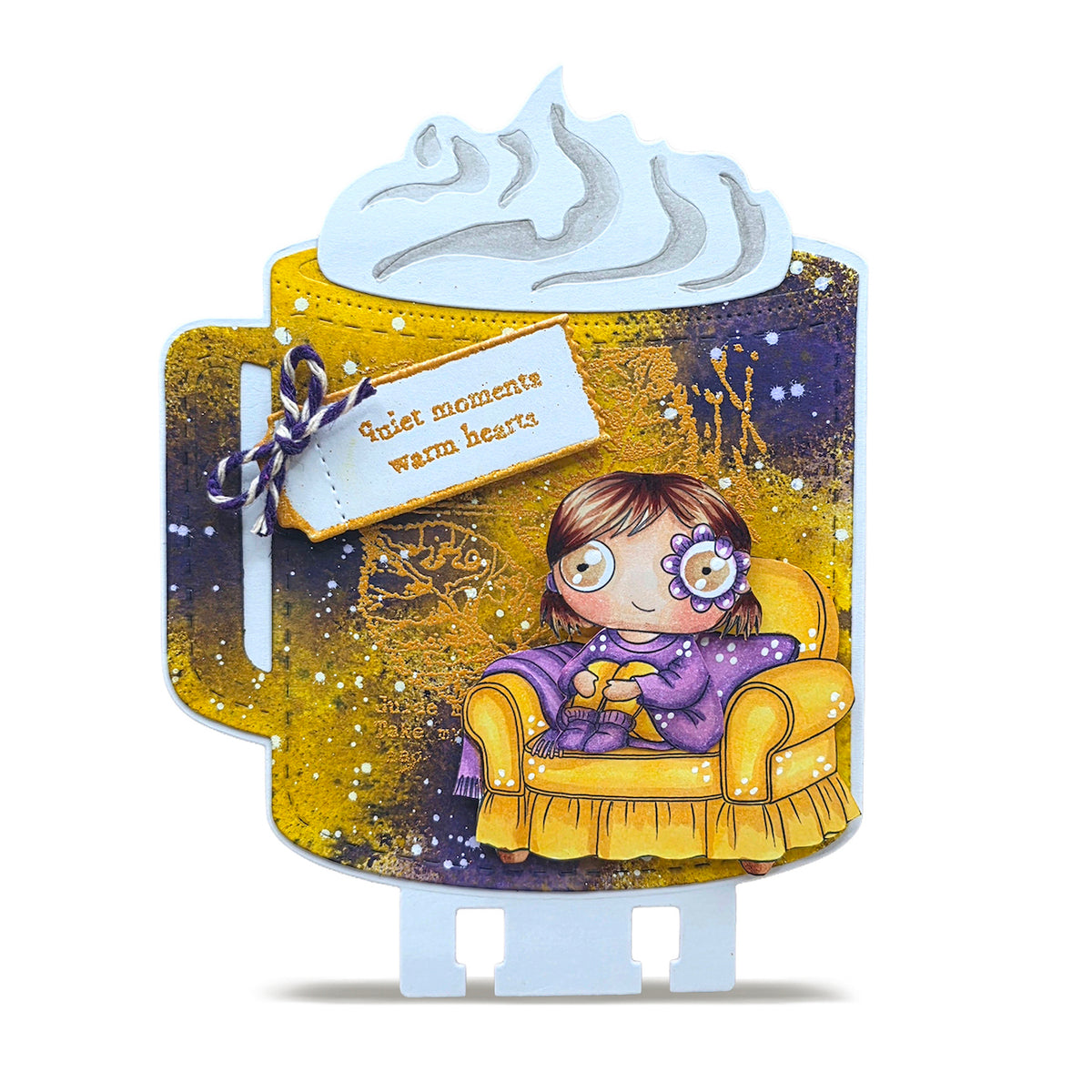 AALL & Create Home Moments A7 Clear Stamp Set 1511 girl on yellow chair purple blanket cup card