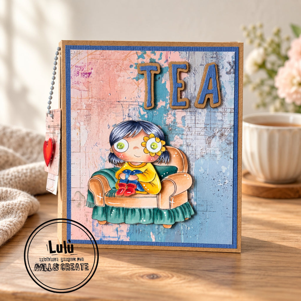 AALL & Create Home Moments A7 Clear Stamp Set 1511 yellow sweater green pillow tan hair tea card