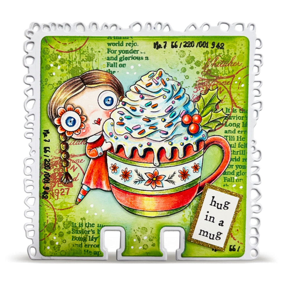AALL & Create Hug In A Mug A7 Clear Stamp Set 1388 green background red dress sprinkles card