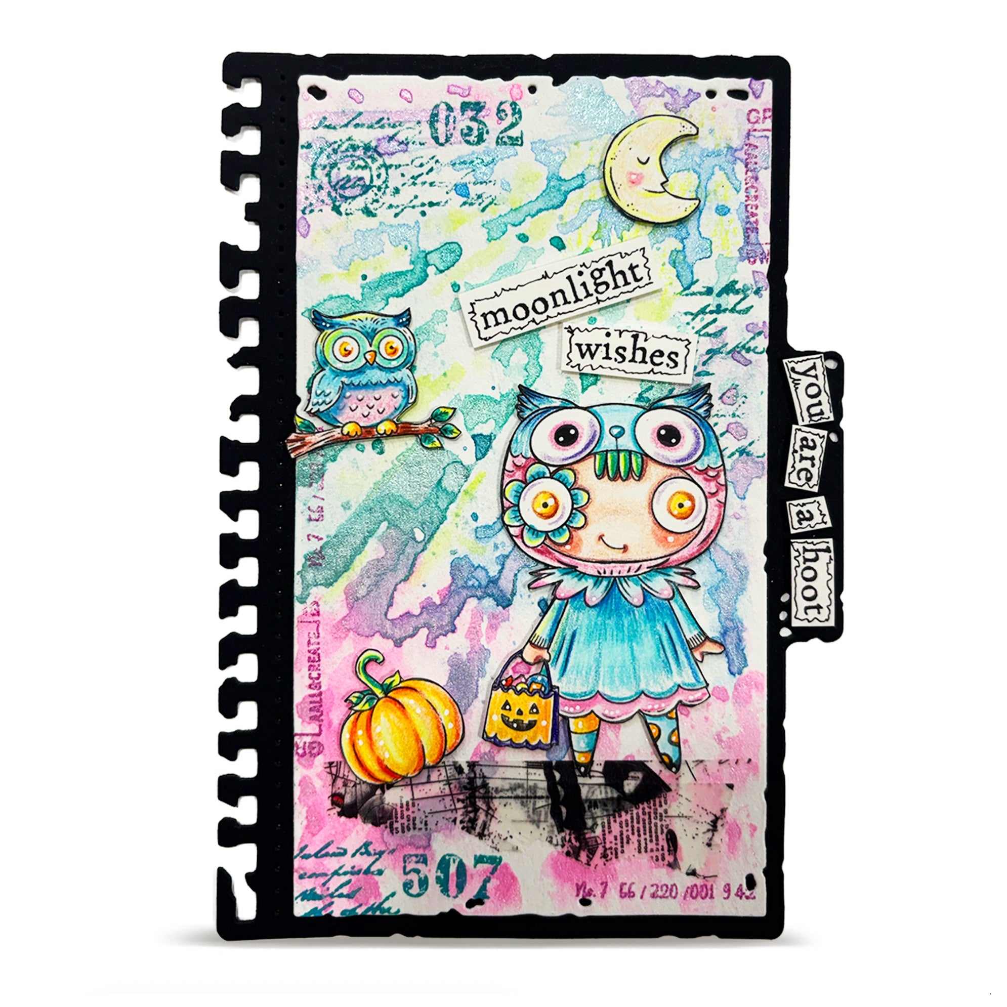 AALL & Create Janet Klein Costume Chronicles Stamp Pack pck-jk006 blue owl on branch blue dress moon candy bag card