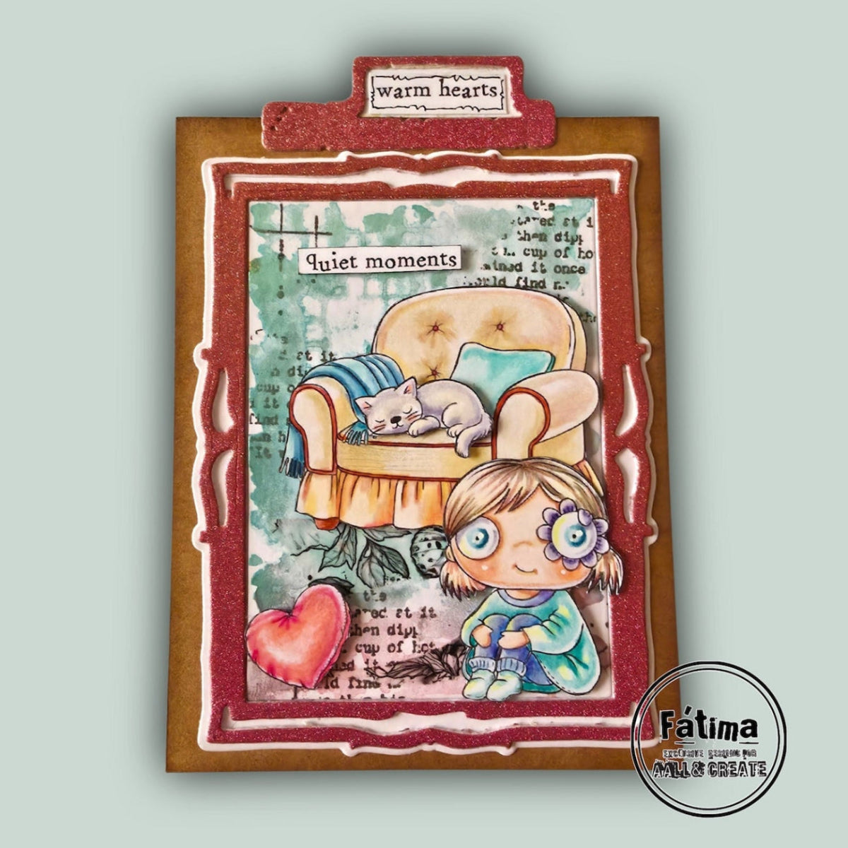 AALL & Create Janet Klein Fall into Fall Stamp Pack pck-jk008 cat sitting on chair red heart blue pillow blue sweater quiet moments card