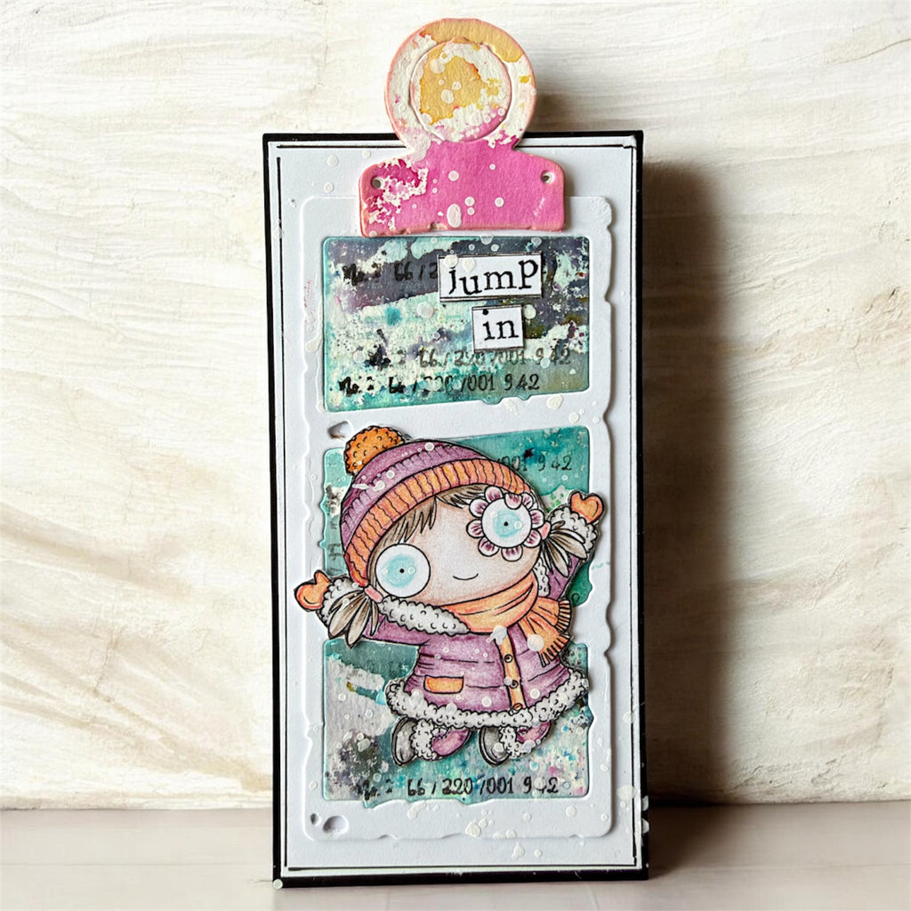AALL & Create Janet Klein Fall into Fall Stamp Pack pck-jk008 girl in purple jacket orange scarf jump in card