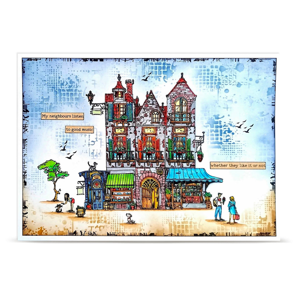 AALL & Create Lantern Lane A6 Clear Stamp Set 1476 man holding flowers birds in sky cat brick roof