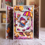 AALL & Create Leaf It Up A7 Clear Stamp Set 1512 pink hat blue jacket leaves colored umbrella let it rest card