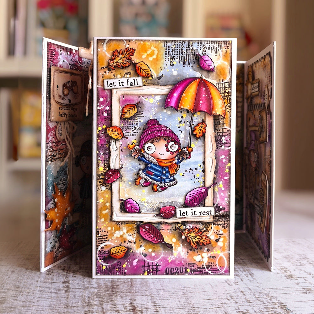 AALL & Create Leaf It Up A7 Clear Stamp Set 1512 pink hat blue jacket leaves colored umbrella let it rest card