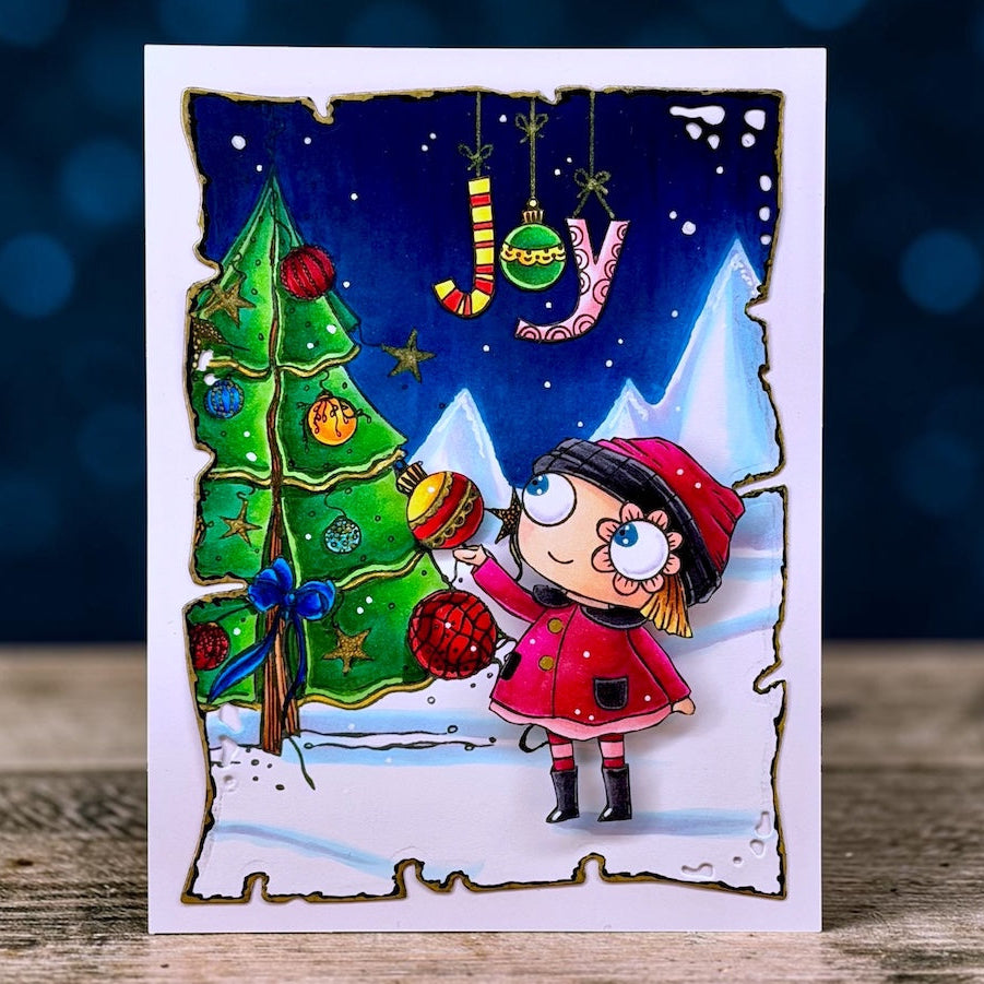 AALL & Create Let Joy In A7 Clear Stamp Set 1389 christmas tree with blue bow ornaments red coat card