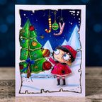 AALL & Create Let Joy In A7 Clear Stamp Set 1389 christmas tree with blue bow ornaments red coat card