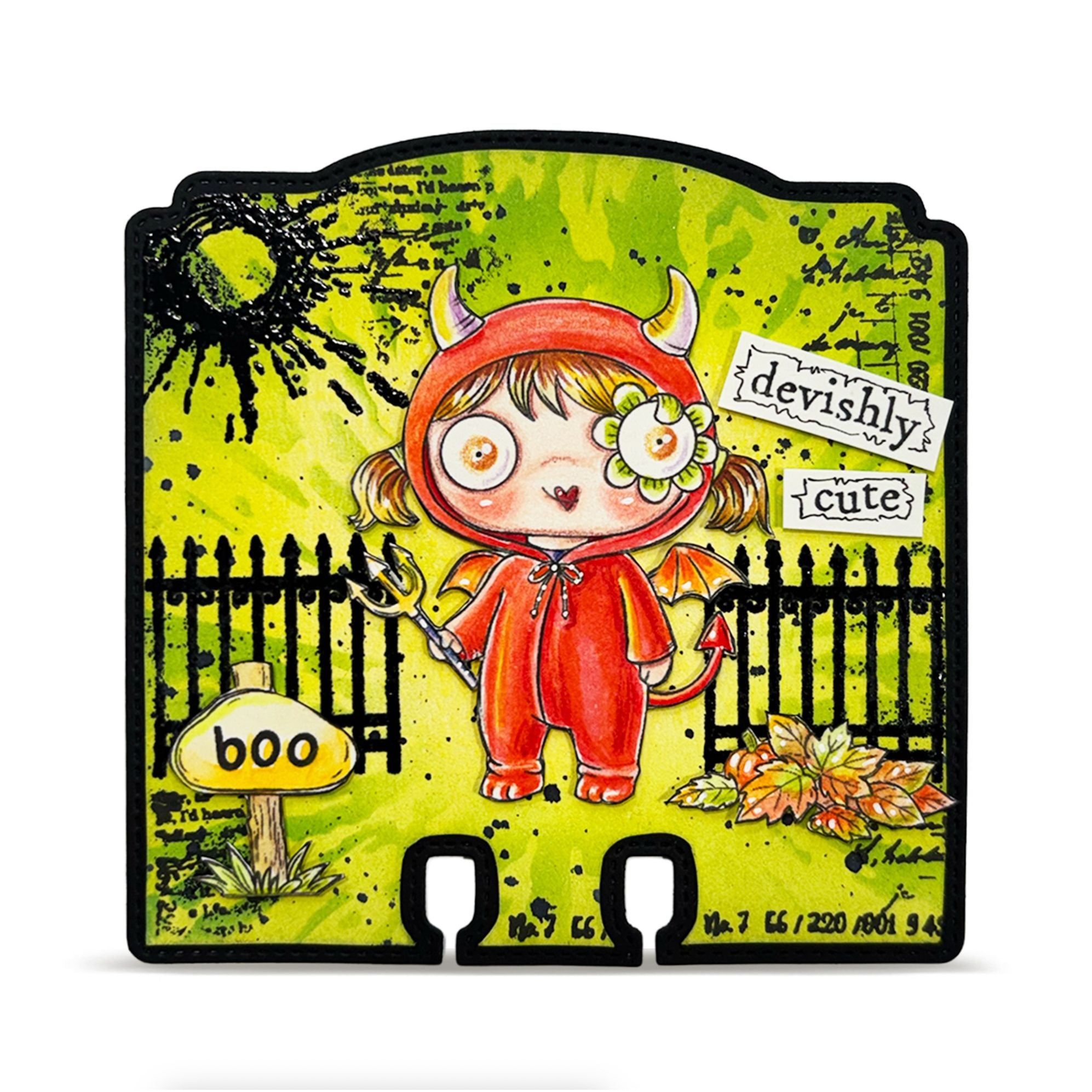 AALL & Create Lil Boo A7 Clear Stamp Set 1420 girl in devil costume green background black splatter card