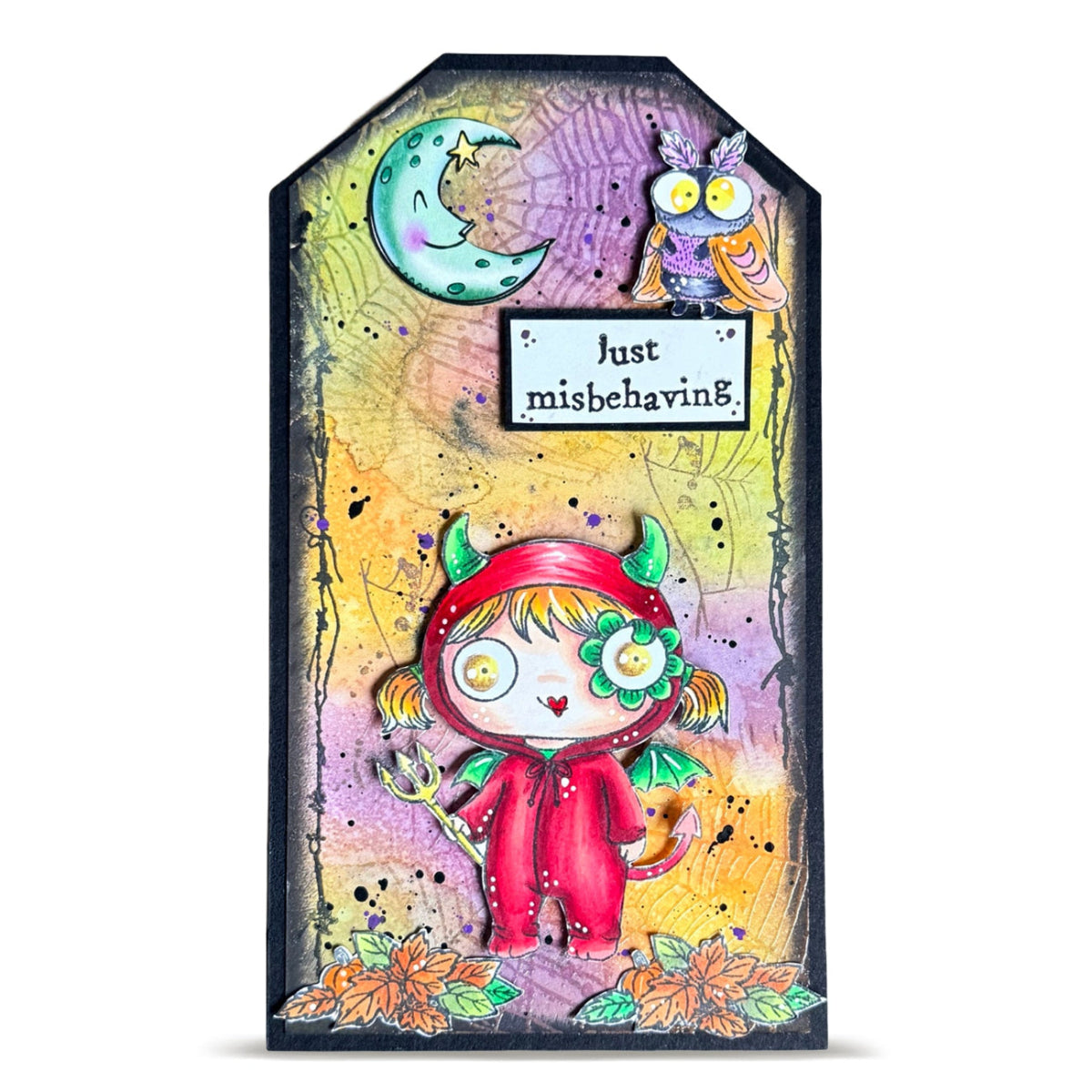 AALL & Create Lil Boo A7 Clear Stamp Set 1420 half moon green horns red costume just misbehaving tag card
