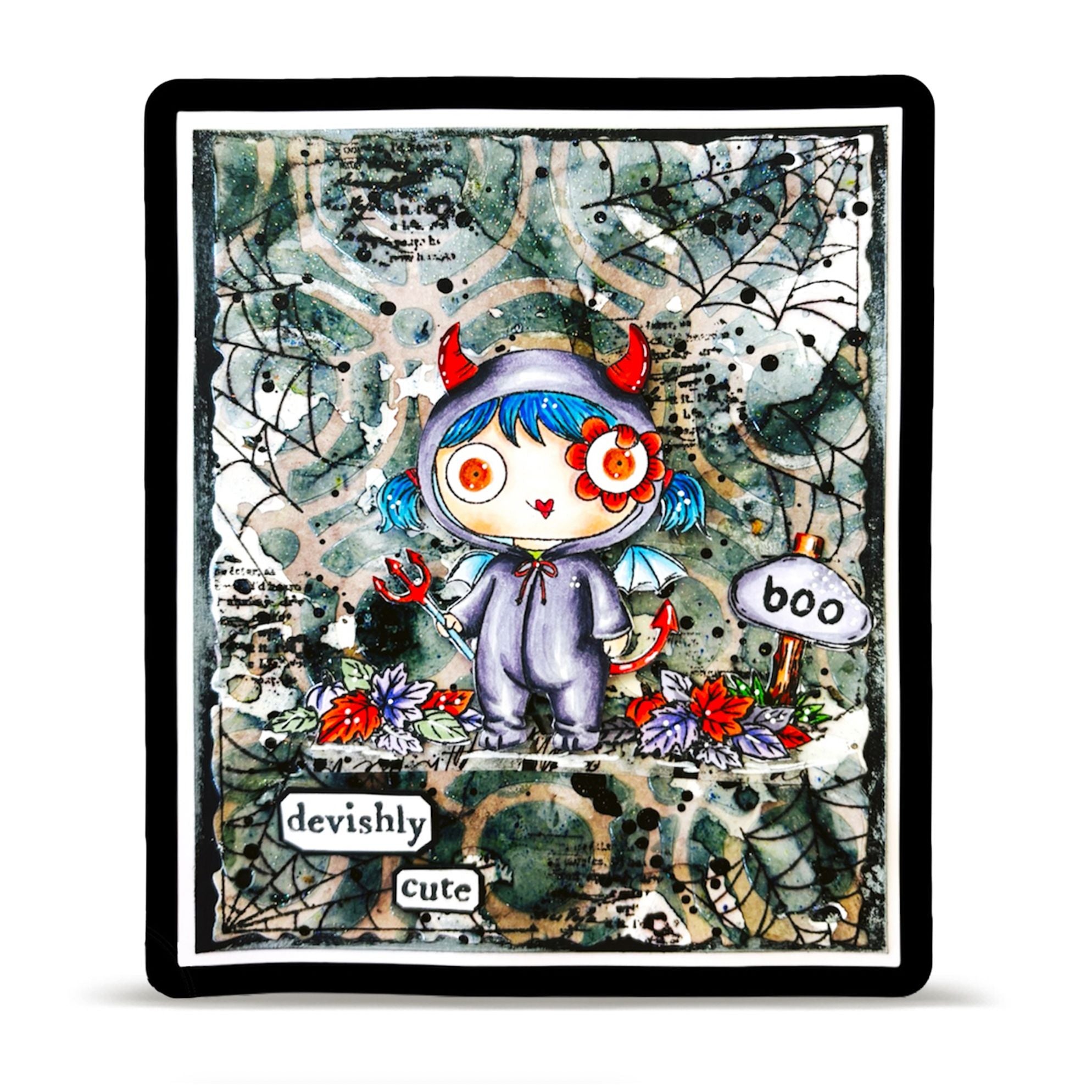 AALL & Create Lil Boo A7 Clear Stamp Set 1420 red horns and tail spider webs colored leaves boo sign card