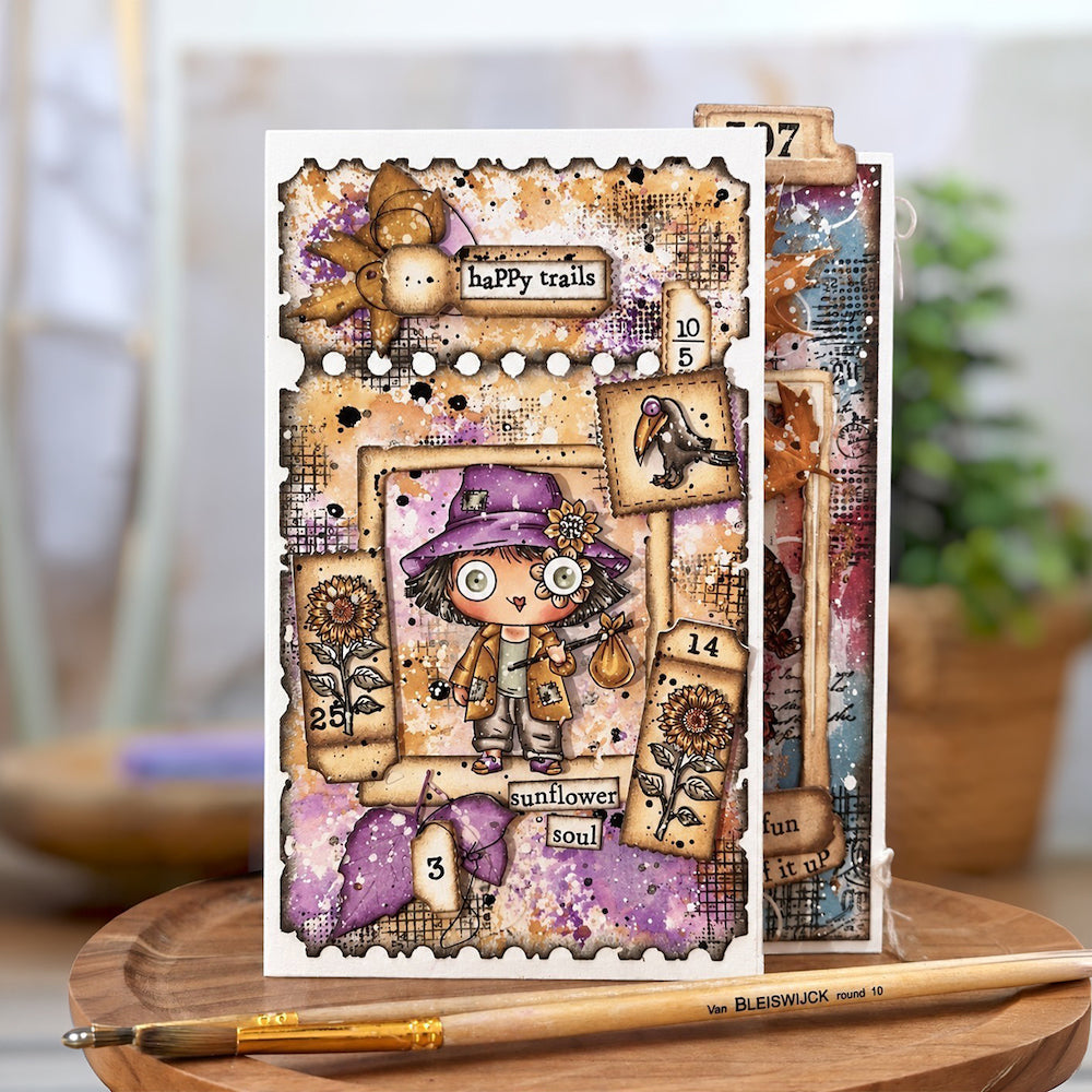 AALL & Create Little Post Office A5 Stamp and Die Set pck-adm004 purple at crow sunflowers purple leaves happy trails card
