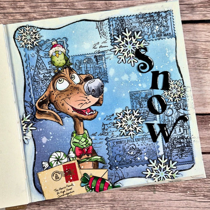 AALL & Create Merry Woofmas A6 Clear Stamp Set 1493 brown dog green bird snowflakes snow card vicky papaioannou | color-code:ALT01