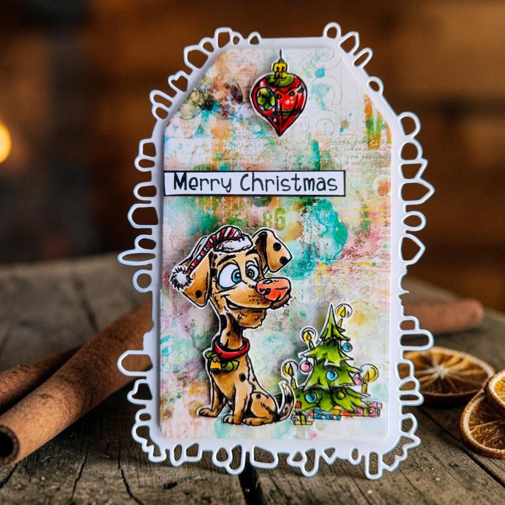 AALL & Create Merry Woofmas A6 Clear Stamp Set 1493 tiny christmas tree dog wearing ha merry christmas card
