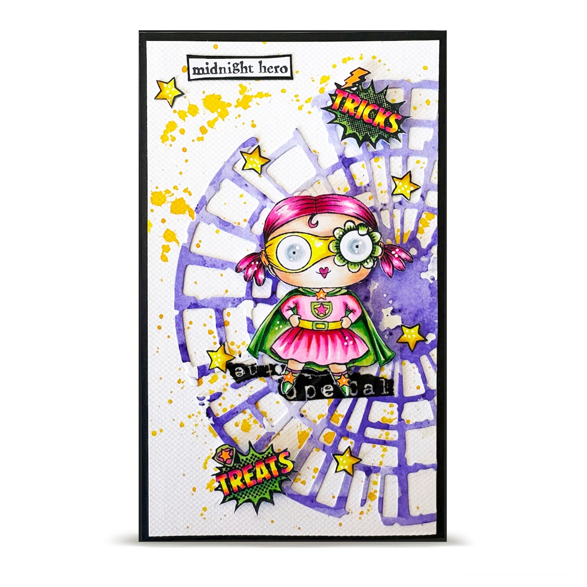 AALL & Create Midnight Hero A7 Clear Stamp Set 1427 stars splatter pink hair superwoman costume midnight hero card