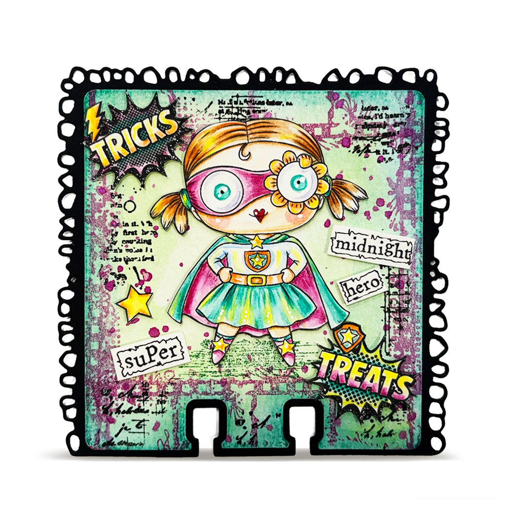 AALL & Create Midnight Hero A7 Clear Stamp Set 1427 superwoman costume pink eye mask tricks treats card