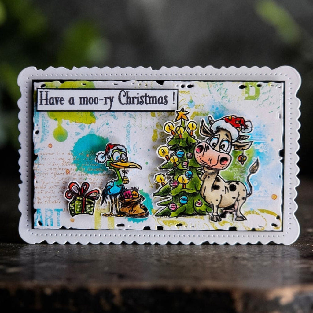 AALL & Create Moo-ry Christmas! A6 Clear Stamp Set 1496 cow standing with tree bird presents christmas card