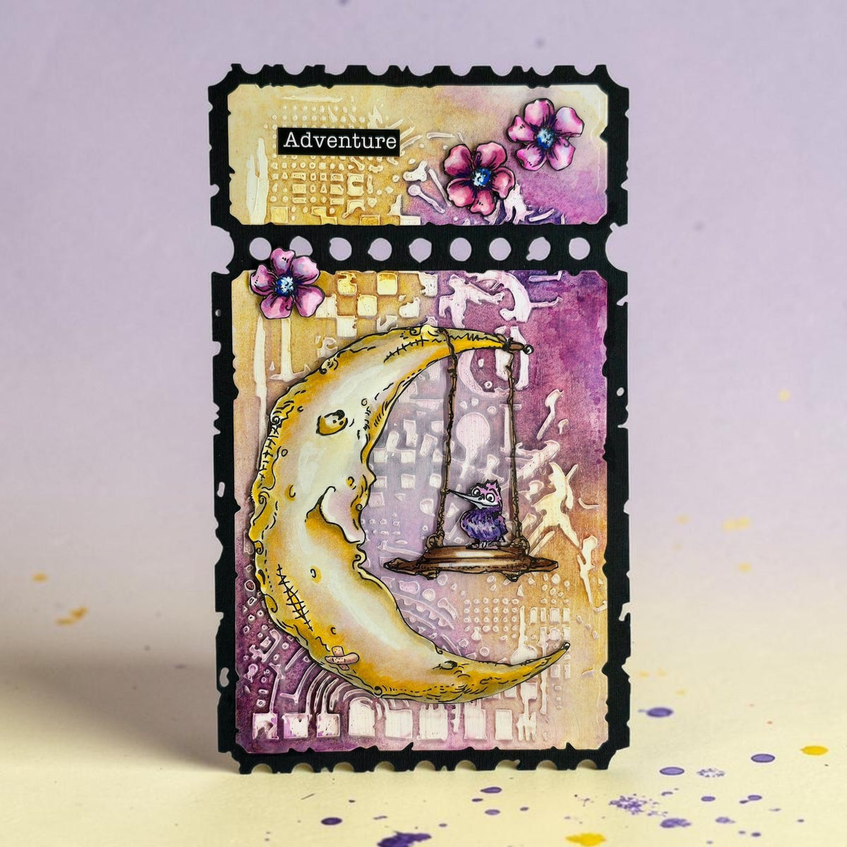 AALL & Create Moon’s Playground A6 Clear Stamp Set 1544 purple flowers bird on swing adventure card