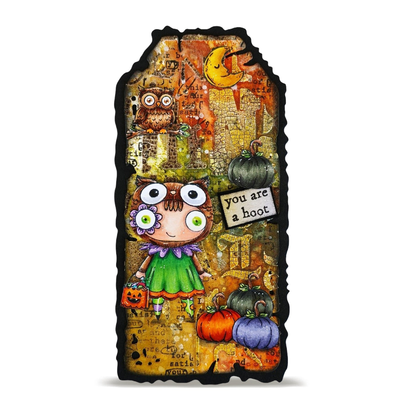 AALL & Create Moonlight Wishes A7 Clear Stamp Set 1421 brown owl pumpkins green dress tag card