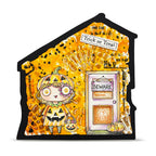 AALL & Create More Candy A7 Clear Stamp Set 1419 orange background beware door girl in pumpkin dress card