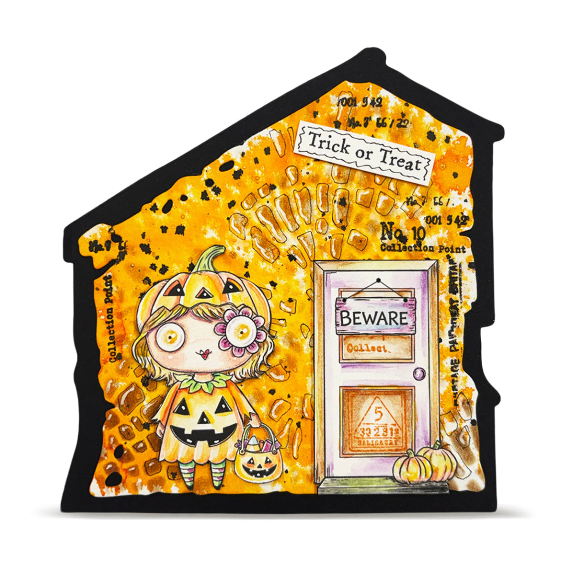 AALL & Create More Candy A7 Clear Stamp Set 1419 orange background beware door girl in pumpkin dress card