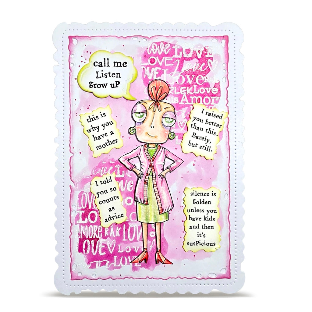 AALL & Create Mother Dee A7 Clear Stamp Set 1436 green dress pink background call me