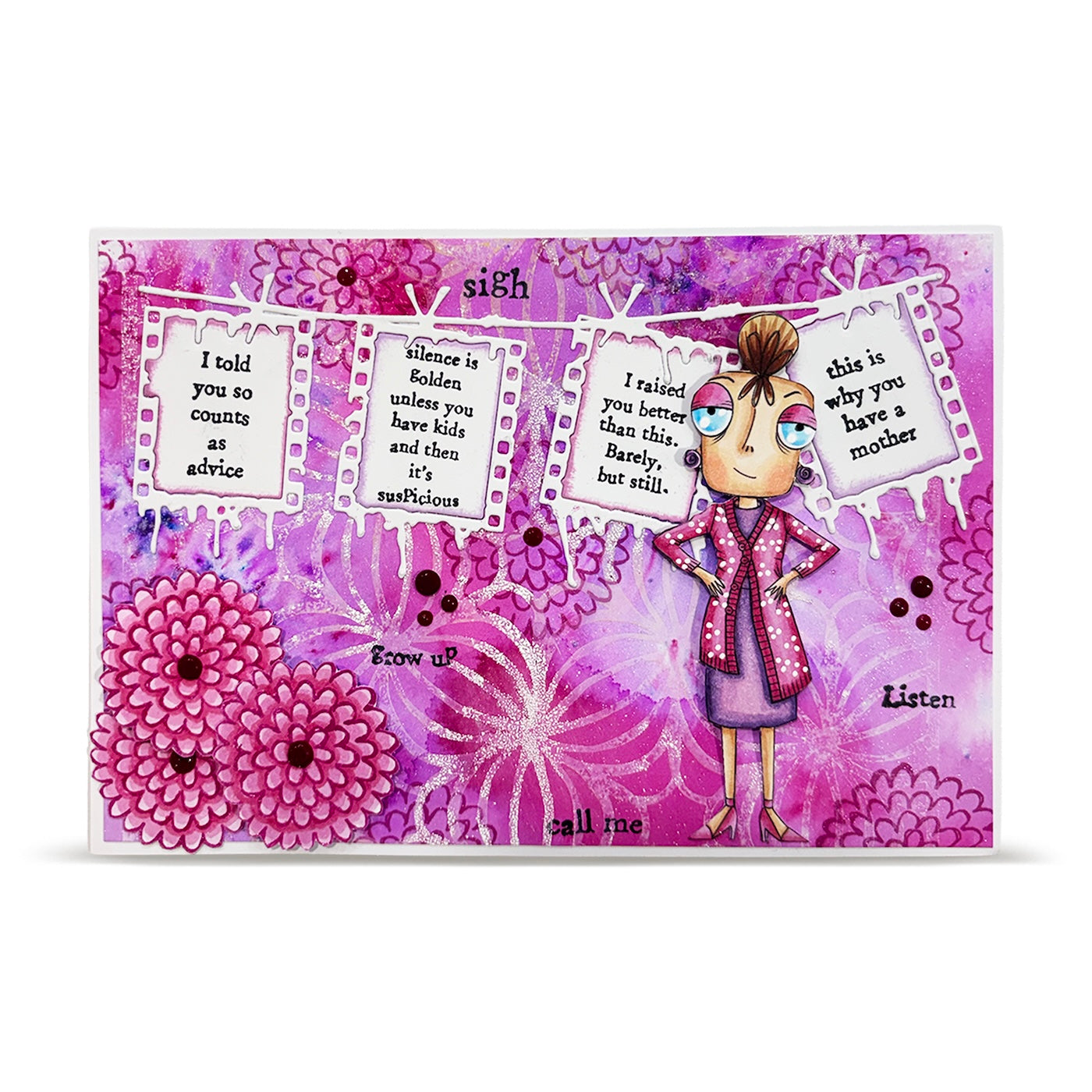 AALL & Create Mother Dee A7 Clear Stamp Set 1436 purple flower background woman in purple dress card
