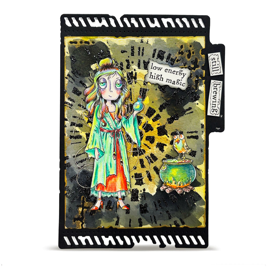 AALL & Create Mystic Dee A7 Clear Stamp Set 1428 green cauldron green robe bird still brewing card
