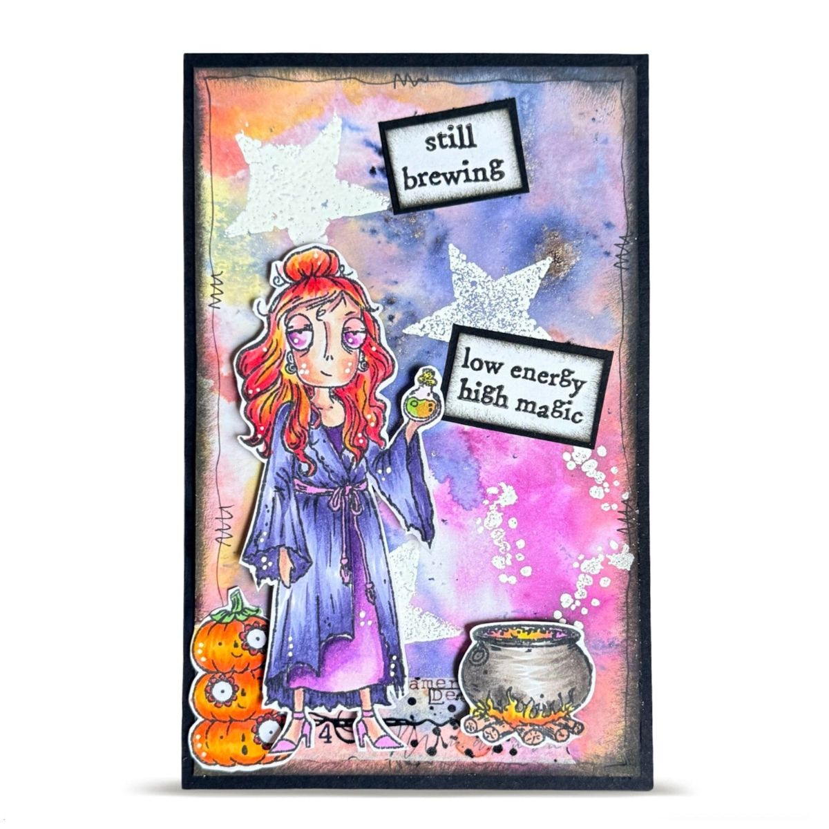 AALL & Create Mystic Dee A7 Clear Stamp Set 1428 red hair blue robe pumpkins still brewing card