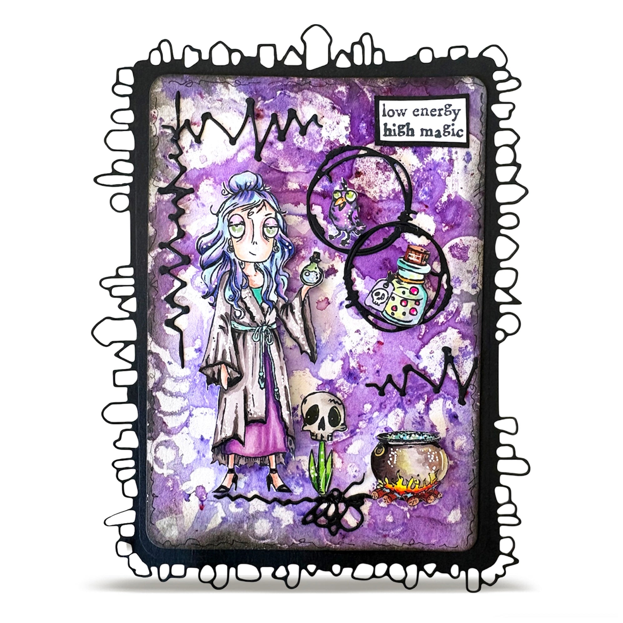 AALL & Create Mystic Dee A7 Clear Stamp Set 1428 skull flower woman holding potion purple background card