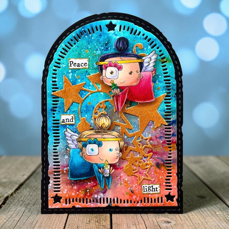 AALL & Create Noel A7 Clear Stamp Set 1391 stars and moon candle tree peace and light card