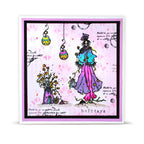 AALL & Create Noel in Velvet A6 Clear Stamp Set 1537 pink and purple dress purple hat ornaments orange flowers holidays card 