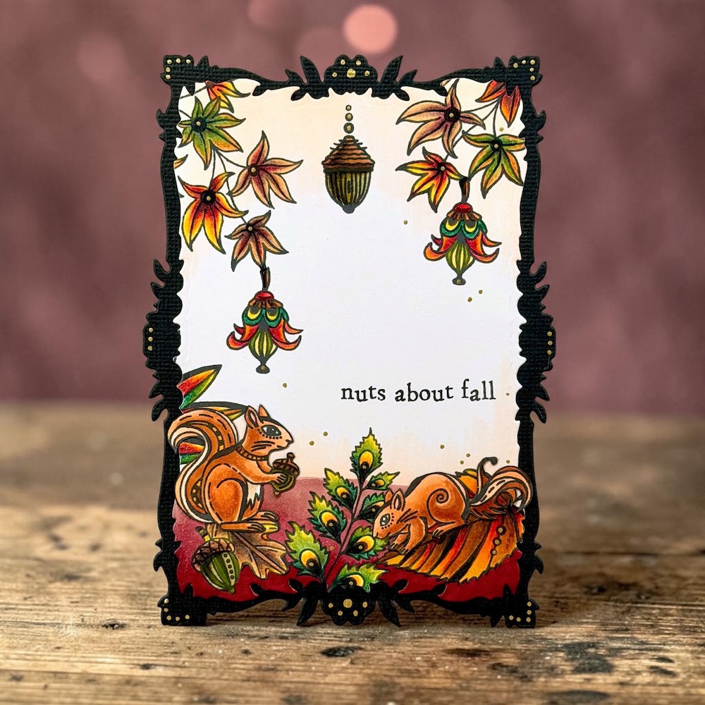 AALL & Create P'tites Betes A6 Clear Stamp Set 1527 brown squirrel brown and green leaves nuts about fall card