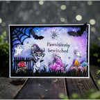 AALL & Create Phantom Keep A6 Clear Stamp Set 1503 cat with wings spider web mushrooms halloween card